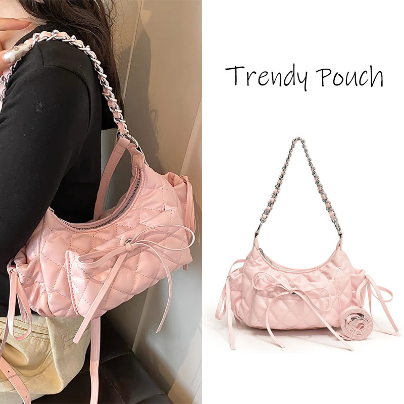 TRENDY POUCH กระเป๋าสะพายโซ่เพชรหนังนิ่มคุณภาพสูงทุกการแข่งขันกระเป๋าใต้วงแขนเฉพาะ