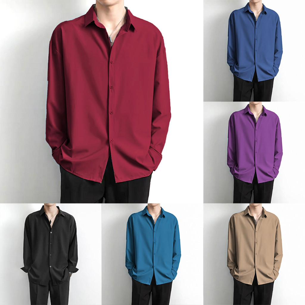 7สีให้เลือก/ม-4เอ็กแอล เสื้อเชิ้ตผู้ชาย แขนยาว ใหญ่ ผ้าไหมสังเคราะห์ สีขาว เกาหลี