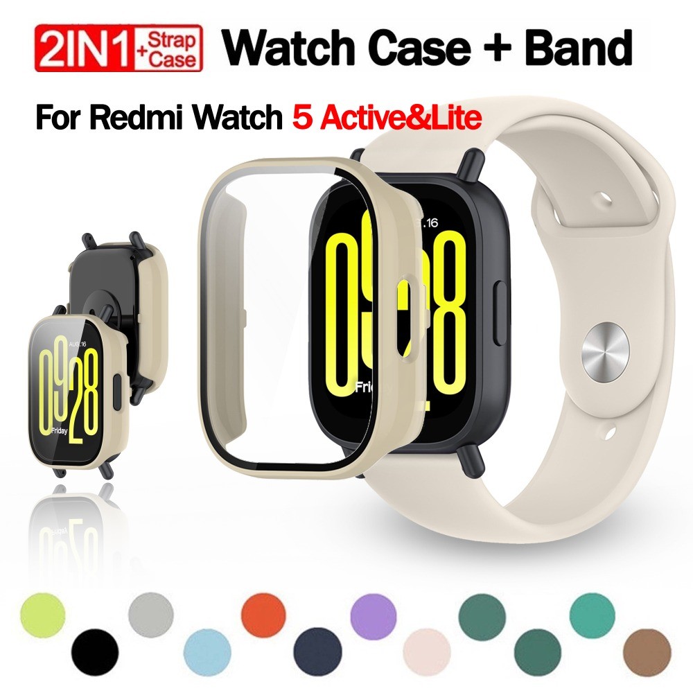 สีทึบซิลิโคนสําหรับ Xiaomi Redmi Watch 5 Active /5 Lite คลุมทั้งหมดป้องกันกระจก Hard PC สําหรับ Mi Watch 5 Active & Lite หน้าจอป้องกันฟิล์มอุปกรณ์เสริม