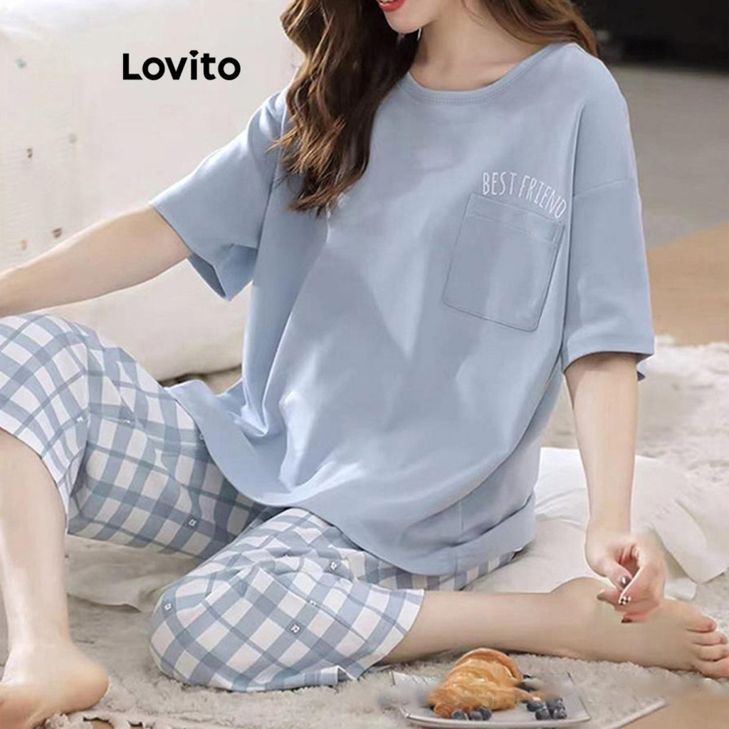 Lovito ชุดนอนผู้หญิง สีพื้น แบบพิมพ์ลาย สไตล์ลำลอง LNE59420
