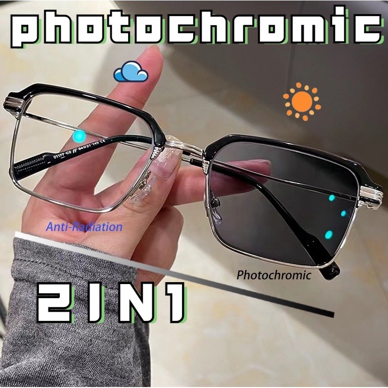 👓แว่นกรองแสงแฟชั่น👓 สายตาสั้น 0°-425° เลนส์อัตโนมัติ ป้องกันแสงแดด UV400 มี 3 สีให้เลือก ไม่จำกัดเพศ