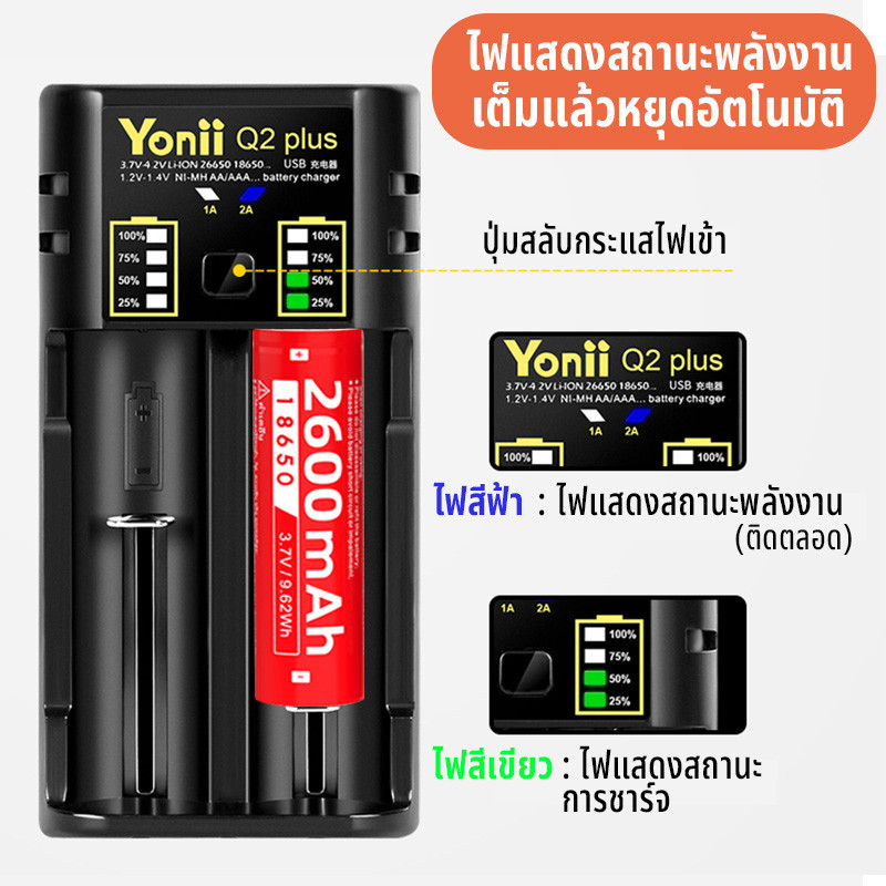 เครื่องชาร์จถ่าน 21700/26650/ถ่านชาร์จ 18650 Yonii Q2 Plus เพาเวอร์แบงค์3.6V/3.7V รองรับการจ่ายกระแสไฟฟ้าผ่าน USB(5V 1A)