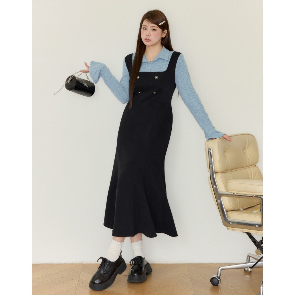 [S-3XL] EVIOVIO แบบใหม่ เดรสยาวไซส์ใหญ่สำหรับสาวอวบ ดีไซน์สองชิ้นในตัว ตัดต่อสี ตรงเอวช่วยเก็บทรง ใส่แล้วดูเพรียว