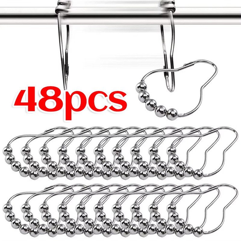12/24/48 ชิ้นตะขอม่านอาบน้ําแหวน - รูปมะระ 5 โรลเลอร์บอล Anti-Drop ผ้าม่านตะขอ - Home Organizer