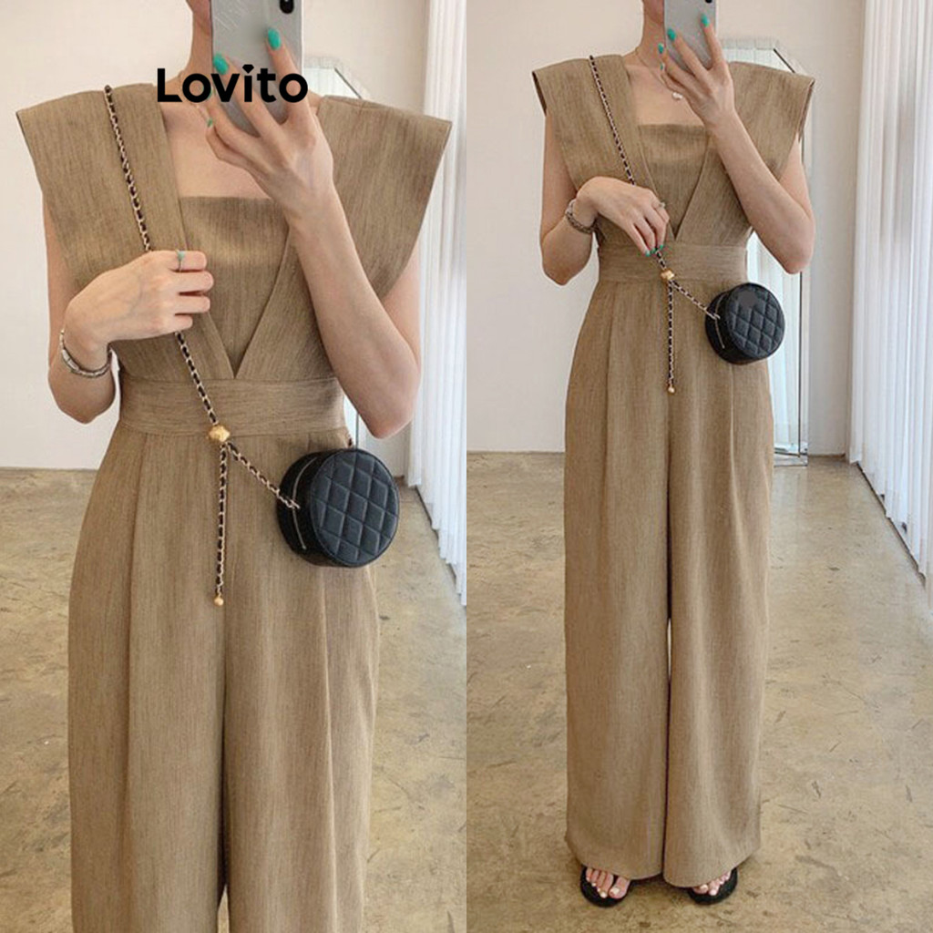 Lovito จั๊มสูทขายาวแยกจีบแบบลำลองสำหรับผู้หญิง LNE71596