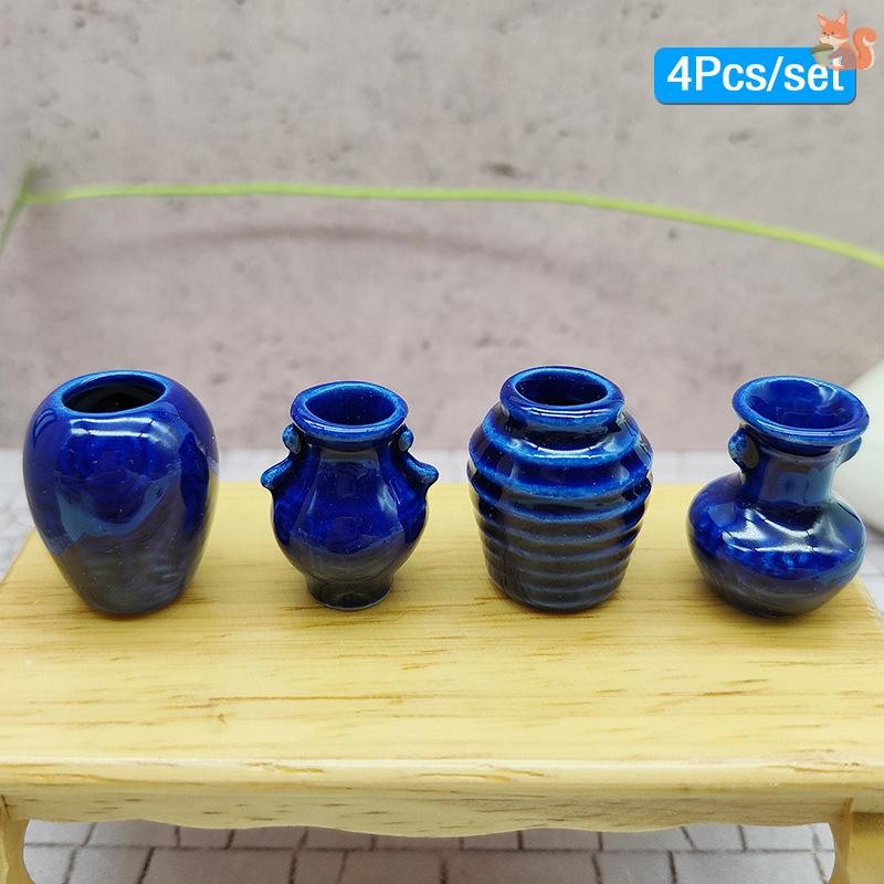 [BI] 4 ชิ้น 1/12 Dollhouse Mini Jars เซรามิคแจกันสีฟ้าตุ๊กตาฉากบ้านเครื่องประดับของเล่น Micro Landscape Decor TH