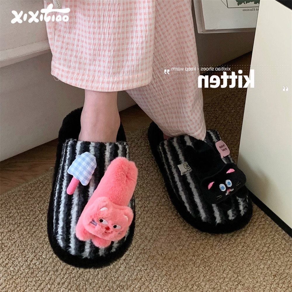ฉี่คู่ที่ไม่ซ้ํากันลูกแมวขนรองเท้าสบายๆฤดูหนาวผู้ชายผู้หญิงสนุกบ้านสบายคมชัดสีลายรองเท้าแตะผ้าฝ้าย