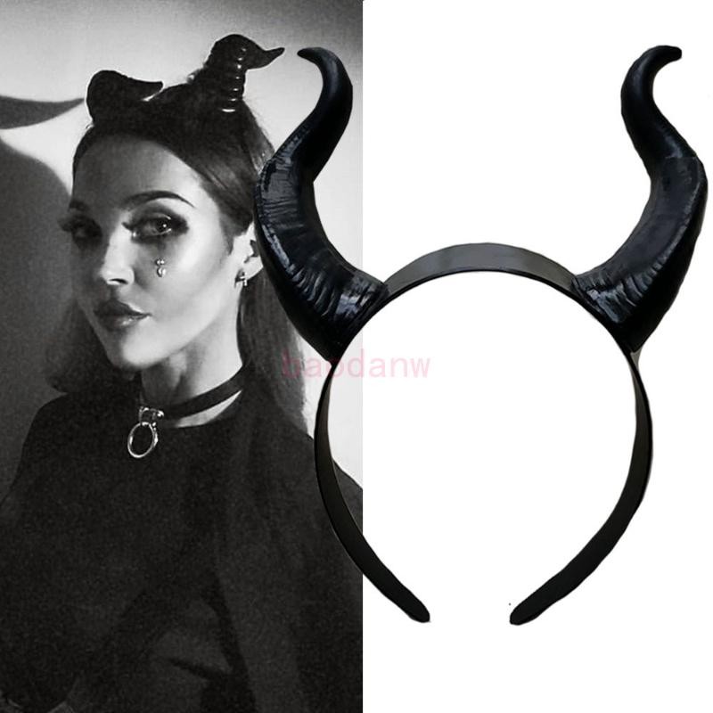 Ppy ฮาโลวีนแม่มดสีดํายาว Ox Horn แถบคาดศีรษะภาพยนตร์ปีศาจ Evil Queen Glitter ผม Hoop Gothic คอสเพลย์เครื่องแต่งกาย Accessor