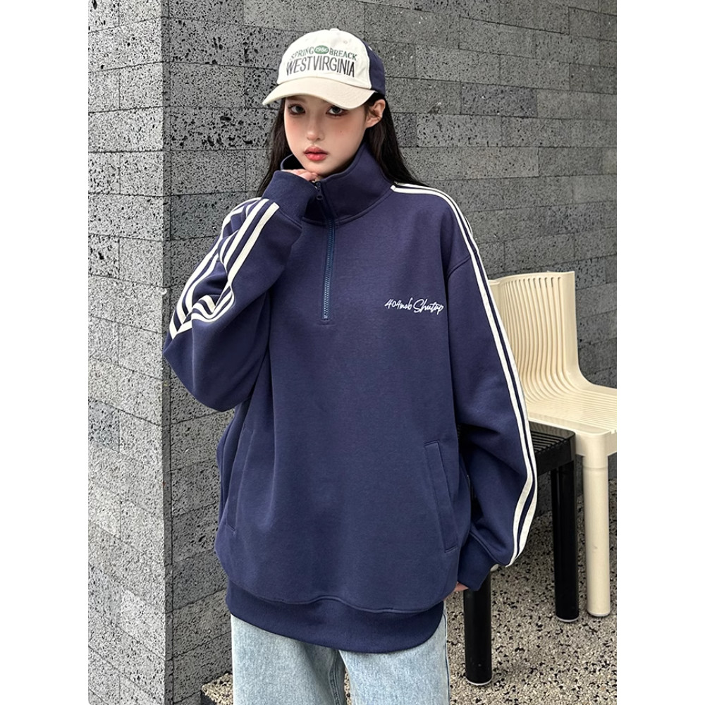 Solovely M-2XL ผู้หญิง สไตล์เกาหลี แขนยาว แจ็คเก็ต ปักลาย ลายทาง เสื้อกันหนาว ซิปครึ่งตัว โอเวอร์ไซส์ เสื้อสเวตเตอร์