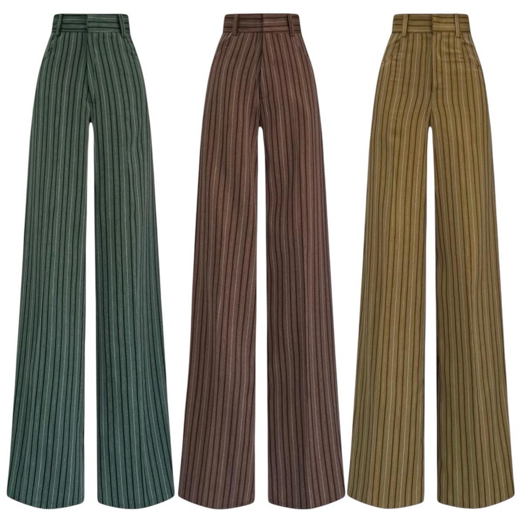 กางเกงขายาวเอวสูง ทรงกระบอกหญิง ผ้าไมโคร ผ้าทอริ้ว สีพื้น รุ่น IR089 เสื้อผ้า Clothing Women Pants
