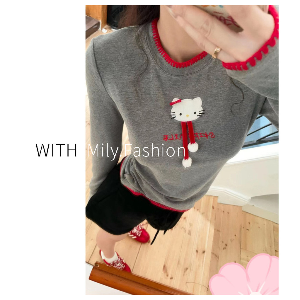 Milyfashion สไตล์อเมริกันวินเทจหวานน่ารักฤดูใบไม้ร่วงและฤดูหนาวผ้าพันคอกันหนาวเสื้อยืดแขนยาวลายแมวผู้หญิงเสื้อตัวสั้นเข้ารูปสนุก