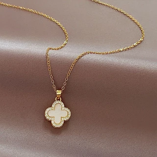 สร้อยคอไทเทเนียมเหล็กชุบ 18K ทองแท้ Micro-Inlaid Zircon จี้โคลเวอร์สี่ใบสองด้านกระดูกไหปลาร้า
