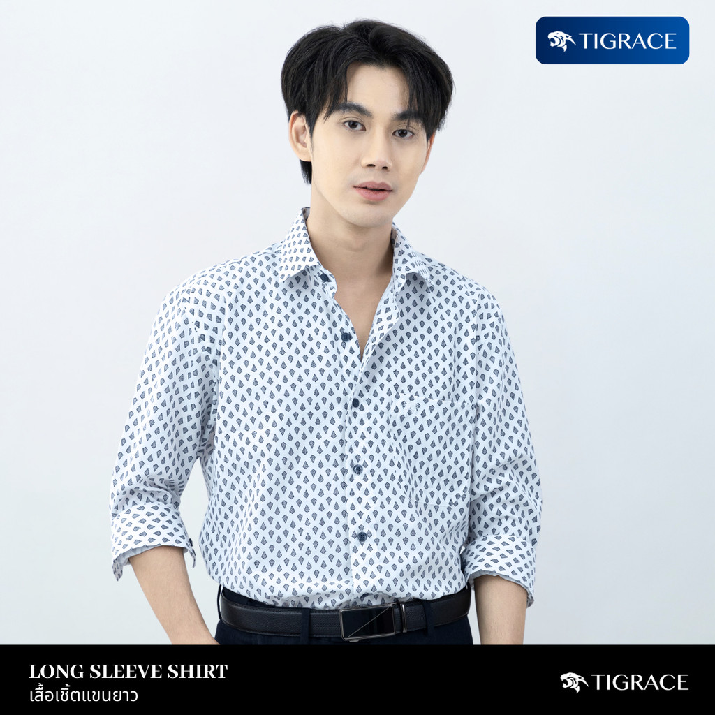JaguarJump เสื้อเชิ้ตแขนยาว ผู้ชาย ผ้าพิมพ์ลาย มีกระเป๋า ทรงเข้ารูป(Slim Fit) JTIF-4112-0-BU
