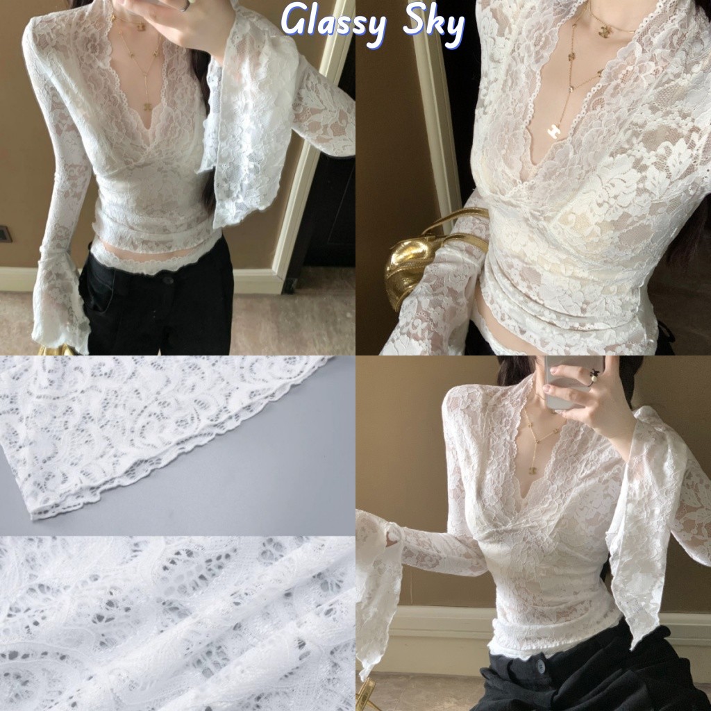Glassy Sky💖พร้อมส่ง💖เสื้อลูกไม้แขนยาว คอวี น่ารักสไตล์เกาหลี สีขาวเรียบหรูดูแพง เข้ารูป เซ็กซี่(FY2019)