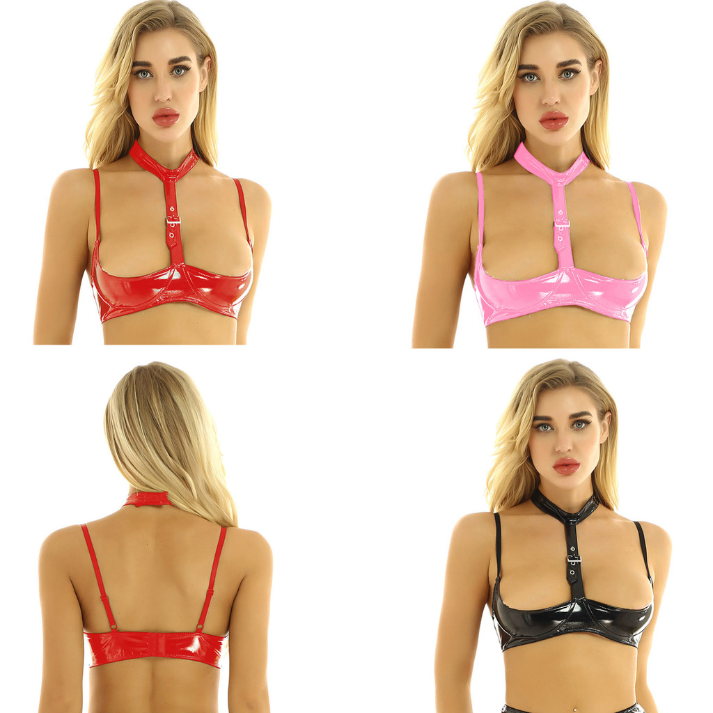 Nyeemya Womens Wet Look Patent Leather Lingerie Halter Neck Adjustable Spaghetti Shoulder Straps Open Cups Wire-free Shelf Bra Top
