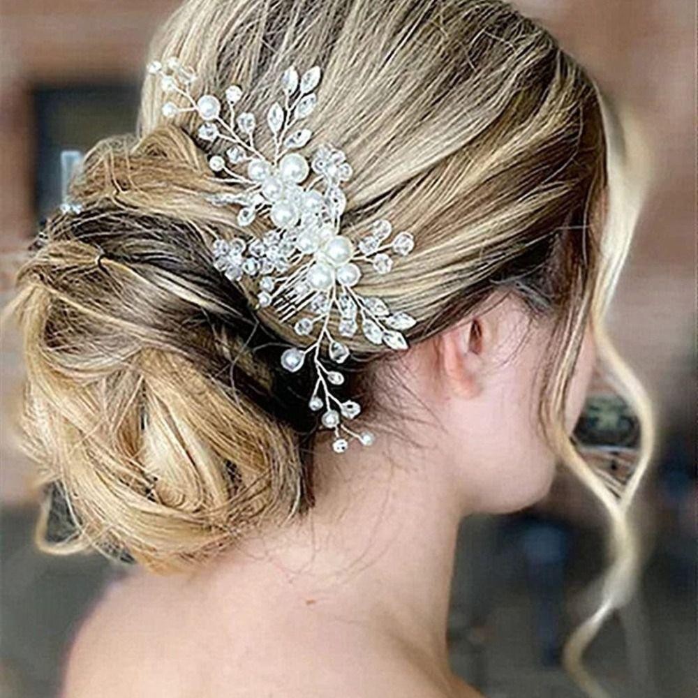 NOCASE หวีเจ้าสาว, ไข่มุก Rhinestone ใบ Handmade ทรงผมงานแต่งงานเครื่องประดับ,สวยประกายทองเงินสีผู้หญิง Headdress หญิง - รูปที่ 2