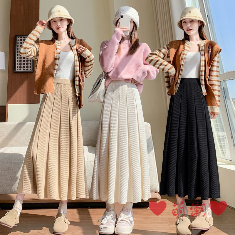 กระโปรง ถักกระโปรงยาว ก-เส้น กระโปรงหนาขนาดใหญ่ มิ้ม ถักกระโปรงยาวผู้หญิงฤดูใบไม้ร่วงฤดูหนาวผ้าม่าน ก-เส้น กระโปรงกลางความยาวหลวมกระโปรงจีบ