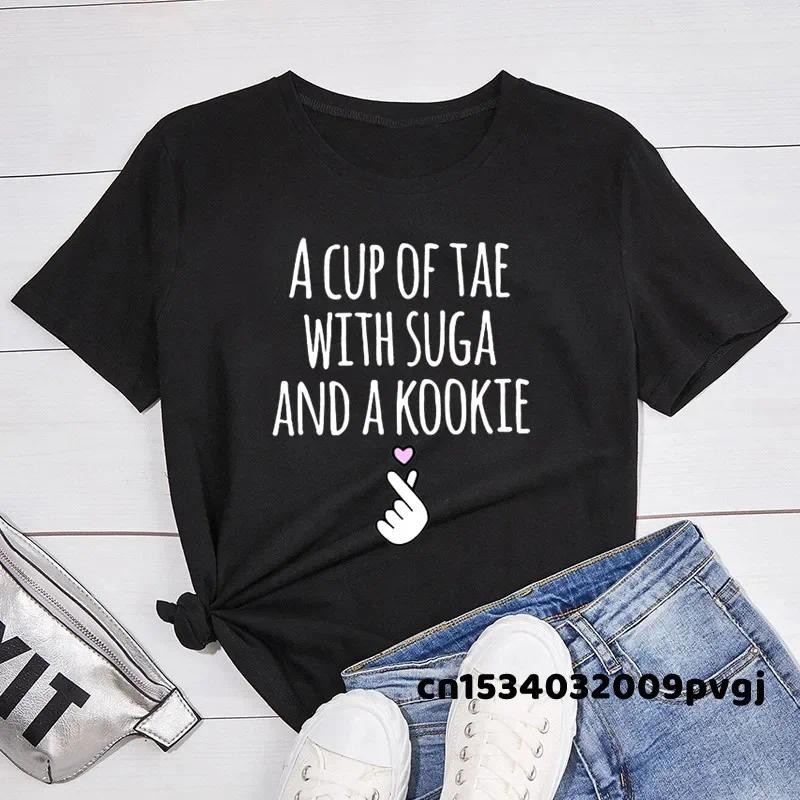 ถ้วยเต้กับ Suga และ A Kookie พิมพ์เสื้อยืดผู้หญิงเกาหลี Kdraa Idol แฟชั่น Kpop Merch V Jhope Suga RM