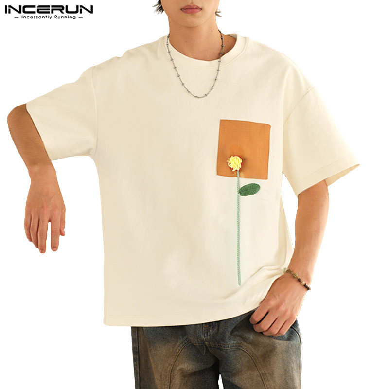 ไม่แน่นอน เสื้อยืดแขนสั้นปักลายดอกไม้ 3ง แฟชั่นสําหรับผู้ชาย