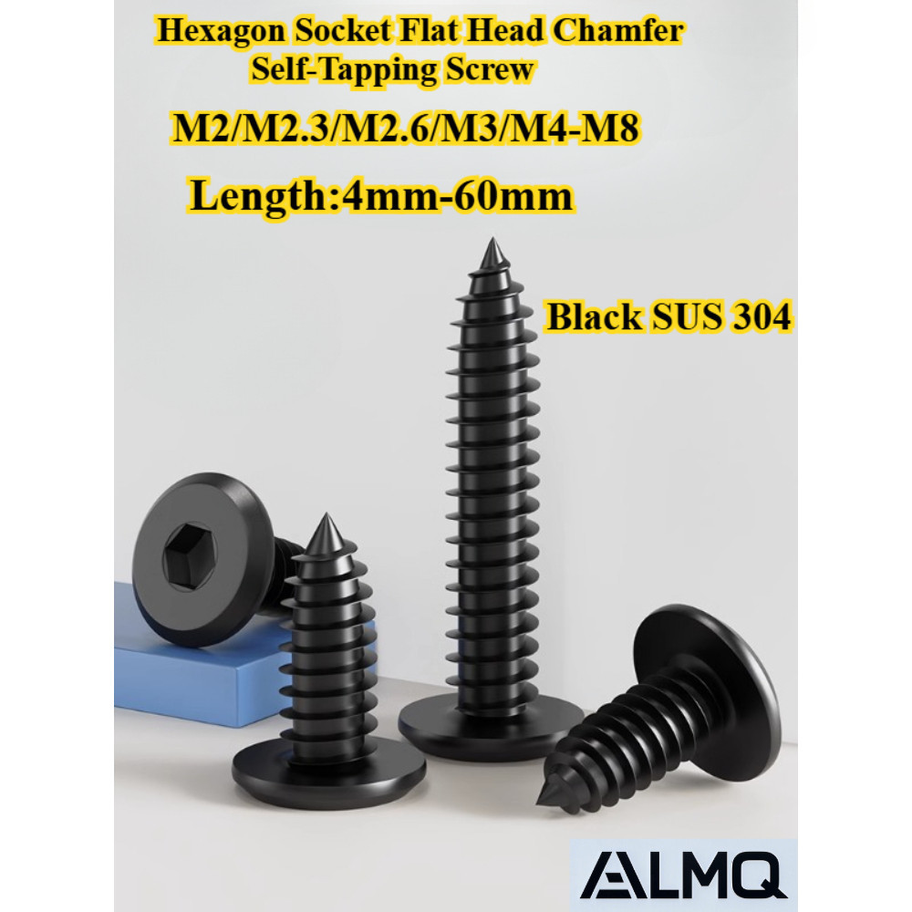 สีดํา SUS304 สกรูหัวหกเหลี่ยม สกรูแตะตัวเอง M2/M2.3/M2.6/M3/M4-M8 สกรูแหลมมุม ความยาว 4 มม.-60 มม. สกรูไม้
