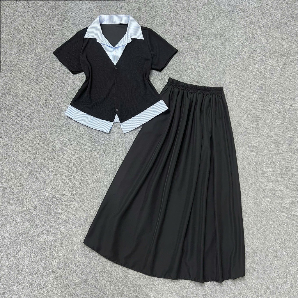 Set Tiểu Thư Bigsize Nữ Sơ Mi Kiểu Tay Ngắn Phối Chân Váy A Dài Qua Gối SET(SM185+CV15) thanh lịch