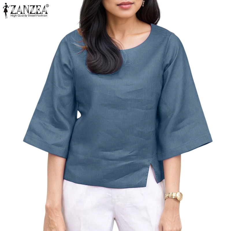 ZANZEA ผู้หญิงเกาหลีสํานักงานลําลองรอบคอ 3/4 แขน Slit Hem เสื้อหลวม