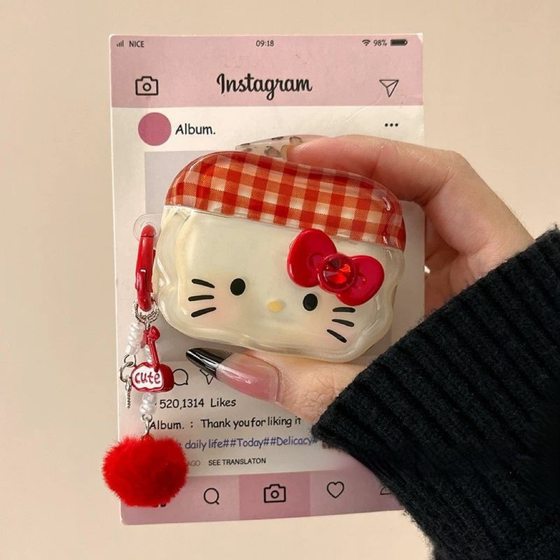 Red checkered Bow Hello Kitty หูฟังเคสไร้สายบลูทูธ airpods Pro 1/2/3/4หูฟังฝาครอบป้องกัน