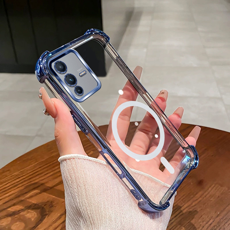 เคสสําหรับ Vivo V23 PRO แม่เหล็กไร้สายโปร่งใสสี่มุมดูดซับแรงกระแทกเลนส์ป้องกันเคสโทรศัพท์ SJSFDDR