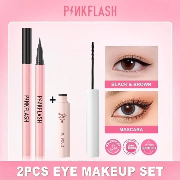 PINKFLASH เซ็ต 2 ชิ้น เม็ดสีสม่ำเสมอ ติดทนนาน แห้งเร็ว กันน้ำ กันเหงื่อ อายไลเนอร์สำหรับผู้เริ่มต้น + มาสคาร่าขนตายาว