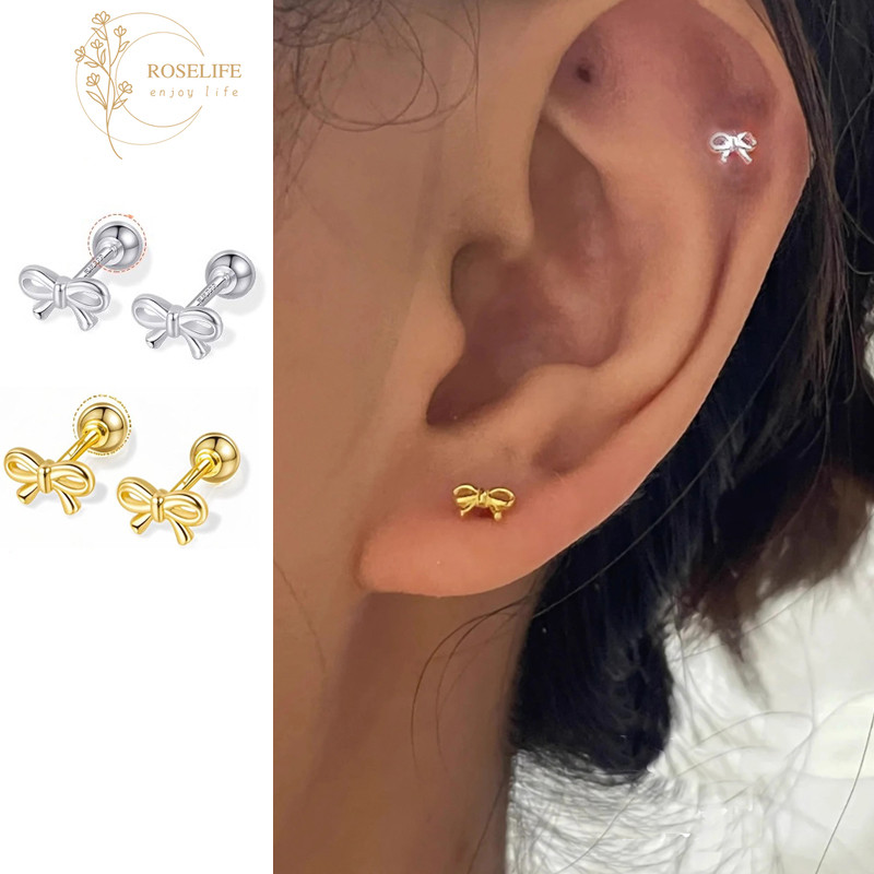Roselife 1 คู่ 14 K Gold Mini Bow สกรูต่างหูผู้หญิง Pierced หู Studs เครื่องประดับ