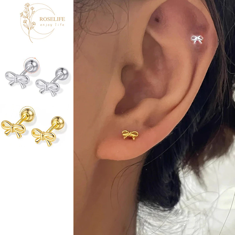 Roselife 1 คู่ 14 K Gold Mini Bow สกรูต่างหูผู้หญิง Pierced หู Studs เครื่องประดับ
