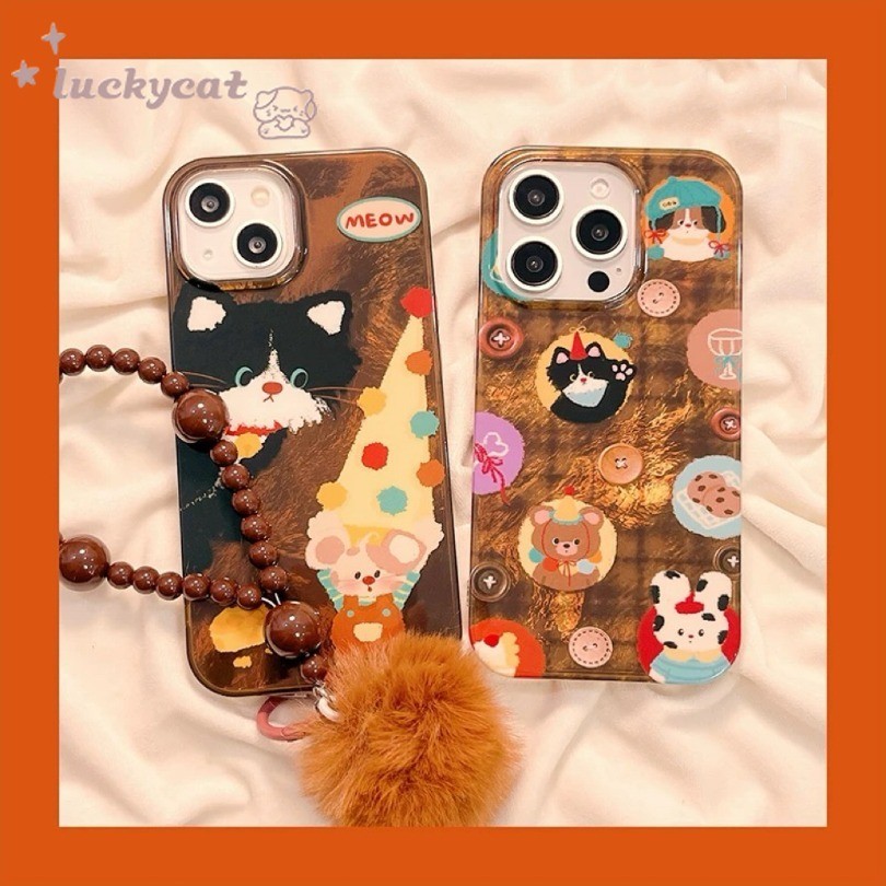 Iphone 16 15 14 13 12 11 Pro Max X Xr Xs Max 7 8 Plus SE2020 เคสโทรศัพท์น่ารักแมวดําปุ่มสีน้ําตาล + Lanyard Clear Soft Cover