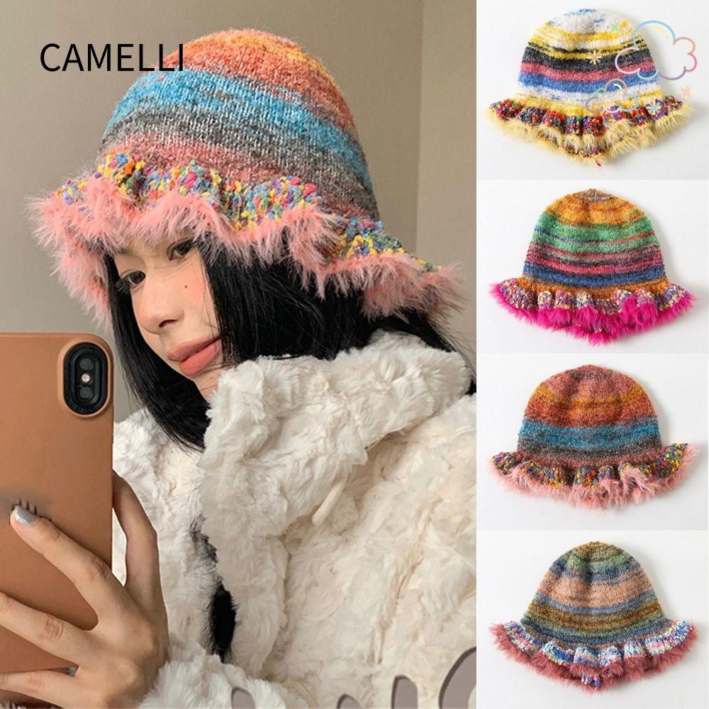 Camelli หมวกทําด้วยผ้าขนสัตว์นุ่ม,โครเชต์ถักฤดูหนาวที่อบอุ่นถักหมวกบูเก็ต,วินเทจสายรุ้งลายหมวกชาวประมงผู้หญิง