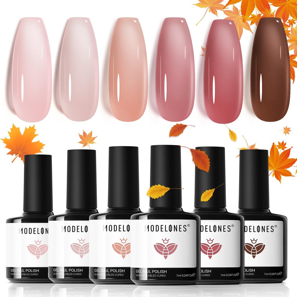 Modelones ชุดยาทาเล็บเจล โมเดลวัน 6 สี น้ำตาลเยลลี่ฤดูใบไม้ร่วง นู้ด คริสตัลโปร่งแสง ชุดสีชมพูใสเป็นกลาง โปร่งใส