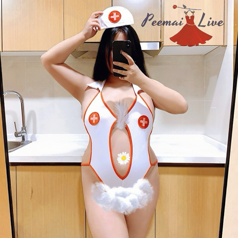 PEEMAI LIVE  ชุดพยาบาลเคอสเพลย์ซ็กซี่สาวอวบXL-XXXL  แบบบอดี้สูทคอปกP-669
