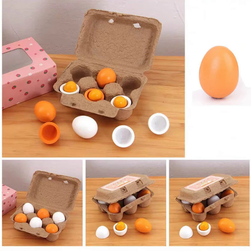 6pcs Simulation Wooden Eggs Toys Set Kids Pretend Play Wood Food Eggs Yolk Kitchen Food Children Kid