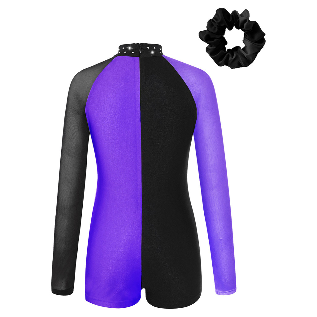 Manakai เด็กสาวเต้นรําชุดแขนยาว Mock คอ Contrast สีซิปกลับ Jumpsuit ผม Tie Headwear สําหรับยิมนาสติกสเก็ตประสิทธิภาพ - รูปที่ 7