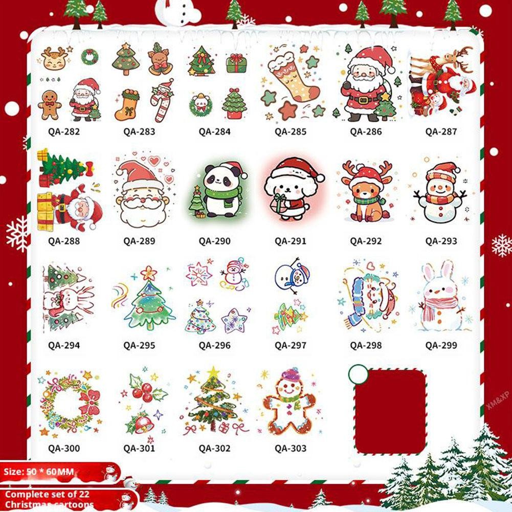 22ชิ้นคริสต์มาสเด็กที่มีสีสันสติกเกอร์รอยสักการ์ตูนตกแต่งใบหน้าแต่งหน้า กวางเอลก์ มนุษย์หิมะ สติกเกอร์