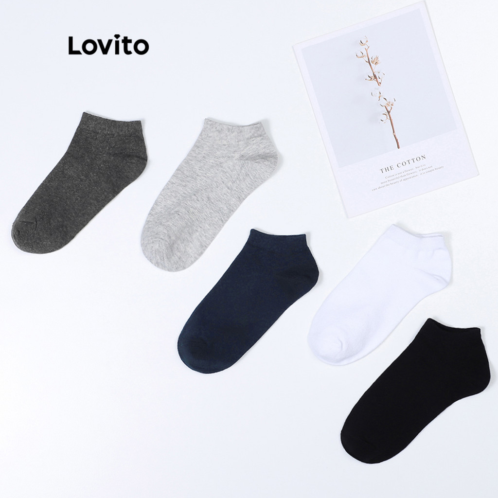 Lovito ถุงเท้าผ้าฝ้าย แบบซ่อนข้อ สีพื้น L001082 (สีดำ/น้ำเงิน/เทาเข้ม/เขียวอ่อน/ขาว)