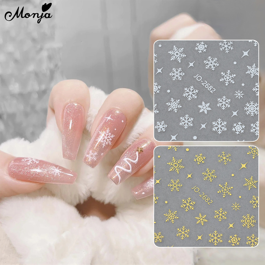 Monja 3Dสติ๊กเกอร์ติดเล็บเกล็ดหิมะฤดูหนาวต้นคริสต์มาสเล็บเคล็ดลับ Holographicเล็บออกแบบอุปกรณ์ตกแต่ง