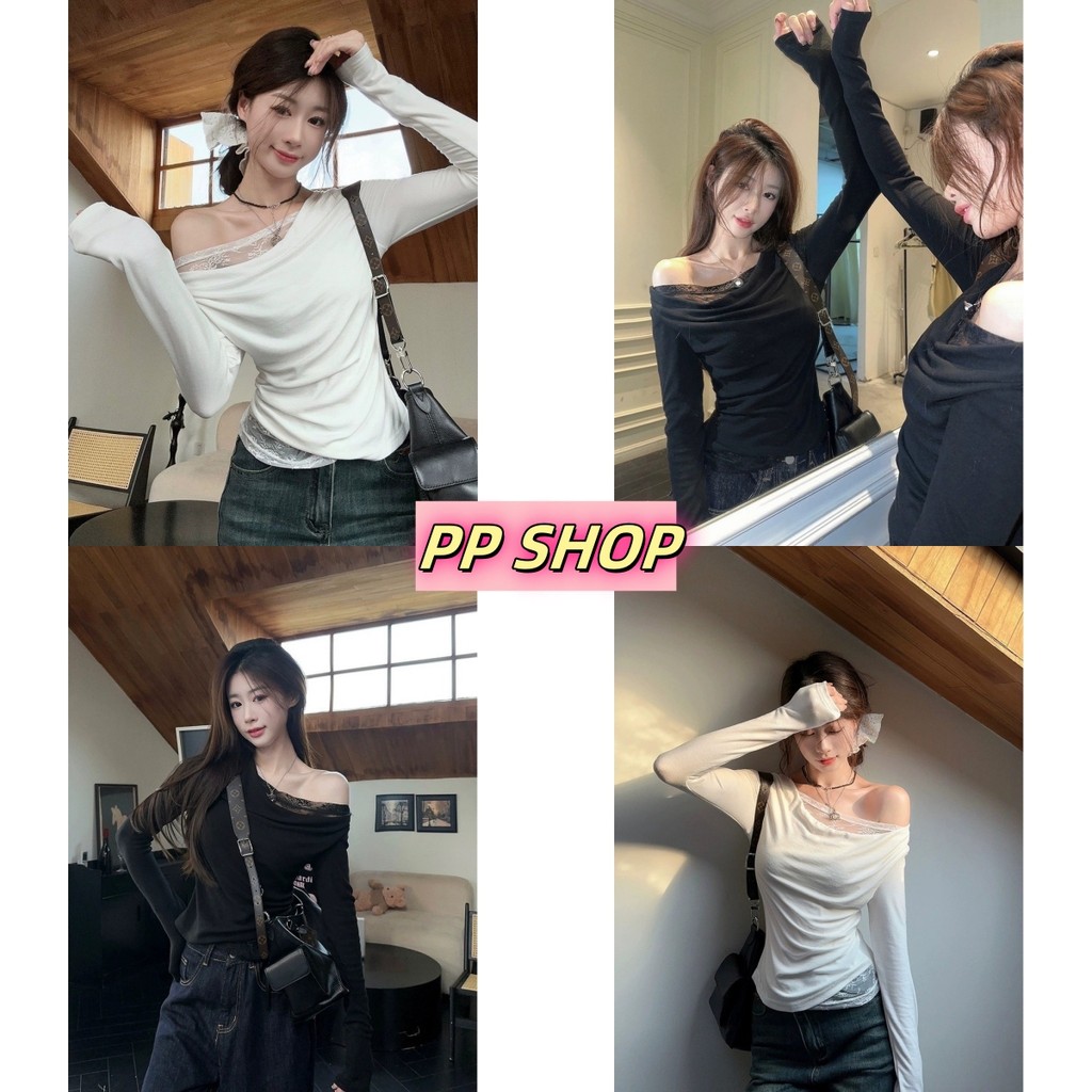 PP Shop​ ​พร้อมส่ง เสื้อยืด แขนยาวเสื้อไหมพรม ทรงเกาะอกการเย็บลูกไม้ ปลอมสองชิ้นเข้ารูป เสื้อแฟชั่น น่ารักๆ ดูแพง#Y0321
