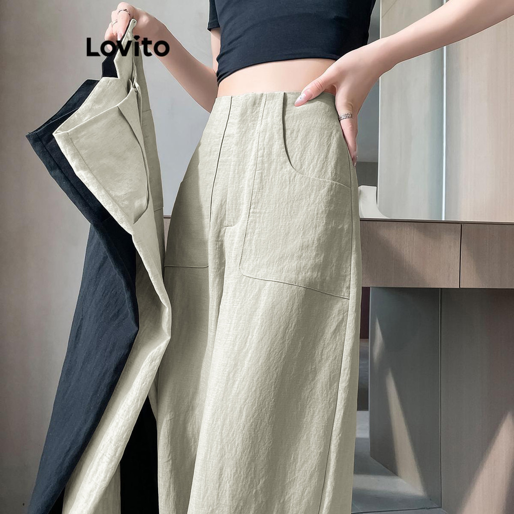 Lovito กางเกงขายาวผู้หญิง มีซิป สีพื้น สไตล์ลำลอง LNE70051