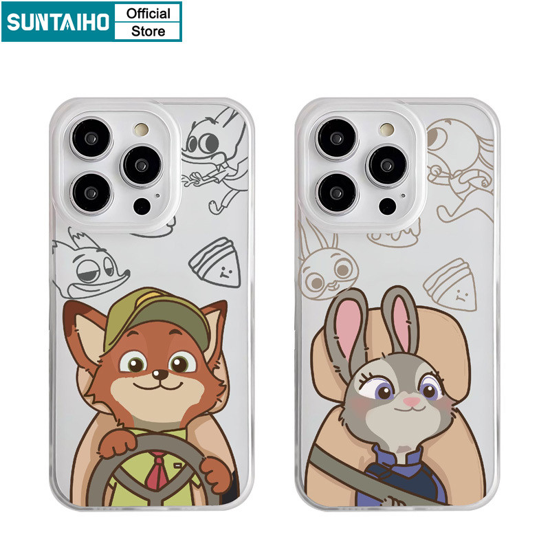 Suntaiho ตลก Fox กระต่ายคู่รูปแบบ Clear Frosted สําหรับ Iphone 16 15 14 12 13 11 Pro Max IP 7 8 Plus Iphon X Xs XR Xs Max TPU ซิลิคอนนุ่มพรีเมี่ยมกันกระแทกปกหลัง