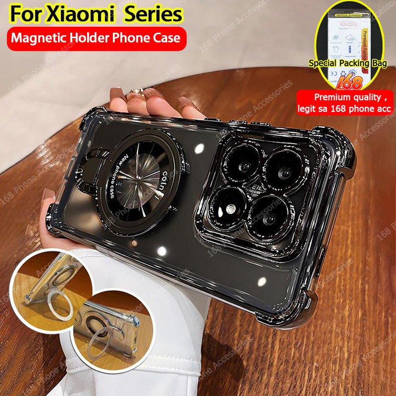 สําหรับเคส Xiaomi 17T 15T 14T Pro เคส Xiaomi 17T 15T 14T เคสใสเยลลี่กันกระแทกพร้อมแม่เหล็กที่วางโทรศัพท์ขาตั้งเลนส์กล้องหนาถุงลมนิรภัยหรูหราปกโทรศัพท์