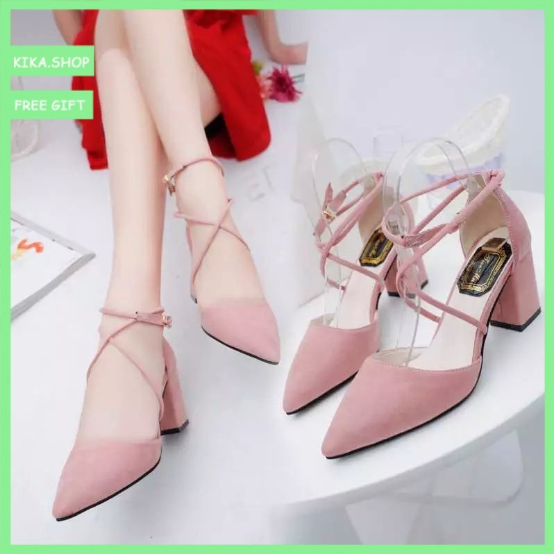 Sh1 KIKA.SHOP รองเท้าส้นสูงผูกเชือกผู้หญิง Pointed Toe Chunky Hollow