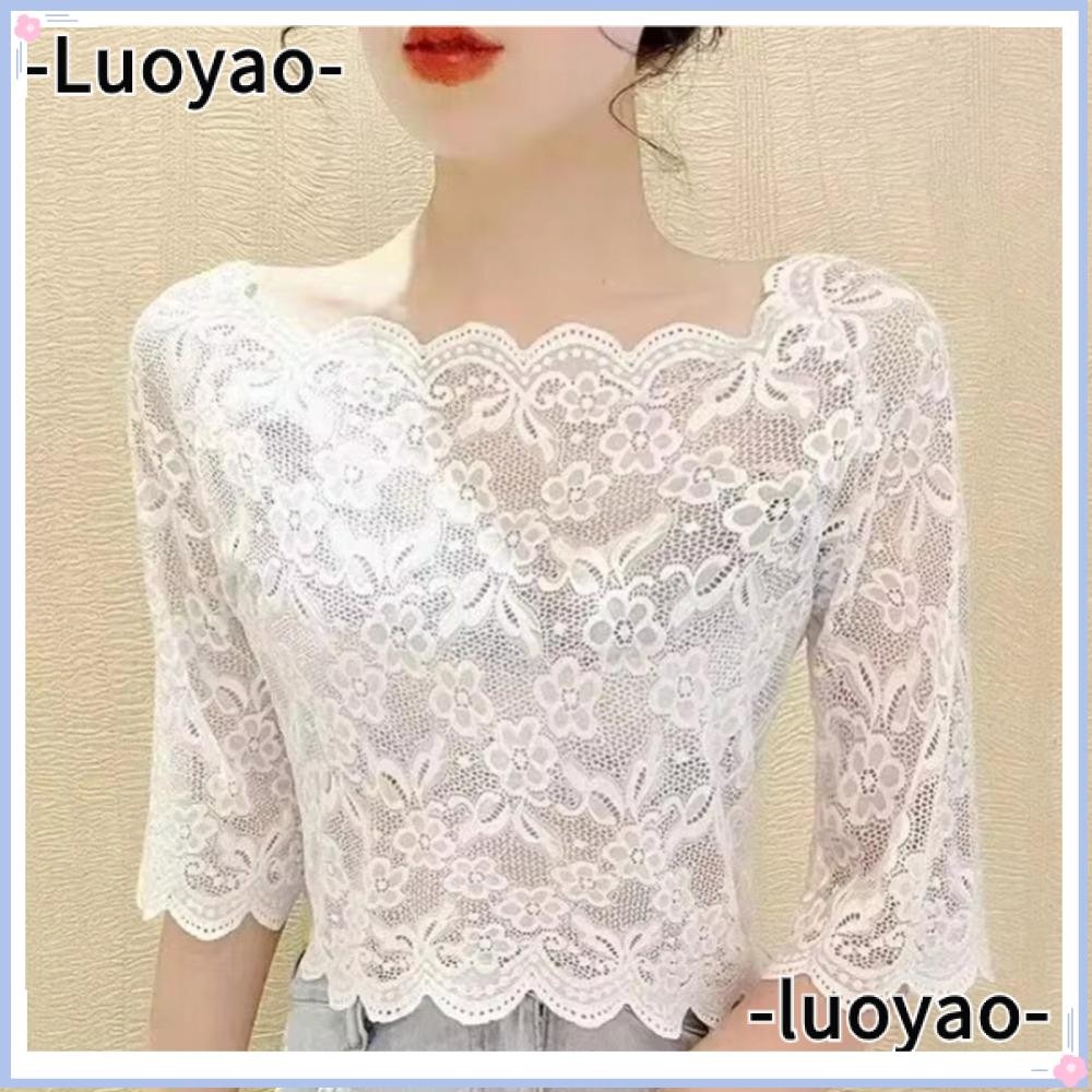 ลัวเหยา เสื้อครอปสตรี,เสื้อเบลาส์ครึ่งแขนปักลายปกคําเดียว,เสื้อสวมหัวลูกไม้ซีทรูฤดูร้อน