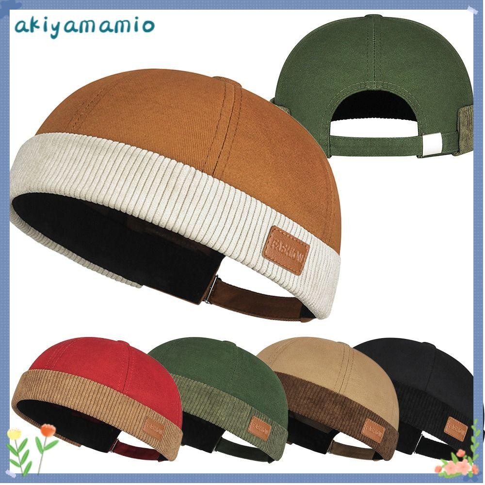 AKIYAMIO หมวกไร้ปีก, หมวก Docker สีทึบวินเทจ, หมวกบีนนี่แบบปรับได้ผ้าลูกฟูกลําลอง