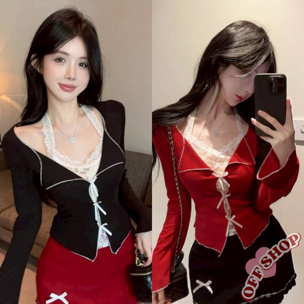 OFF SHOP 🥻ใหม่ 2025 เสื้อแขนยาว คอวี แต่งดีเทลคล้องคอลูกค้า สีพื้น' FY506