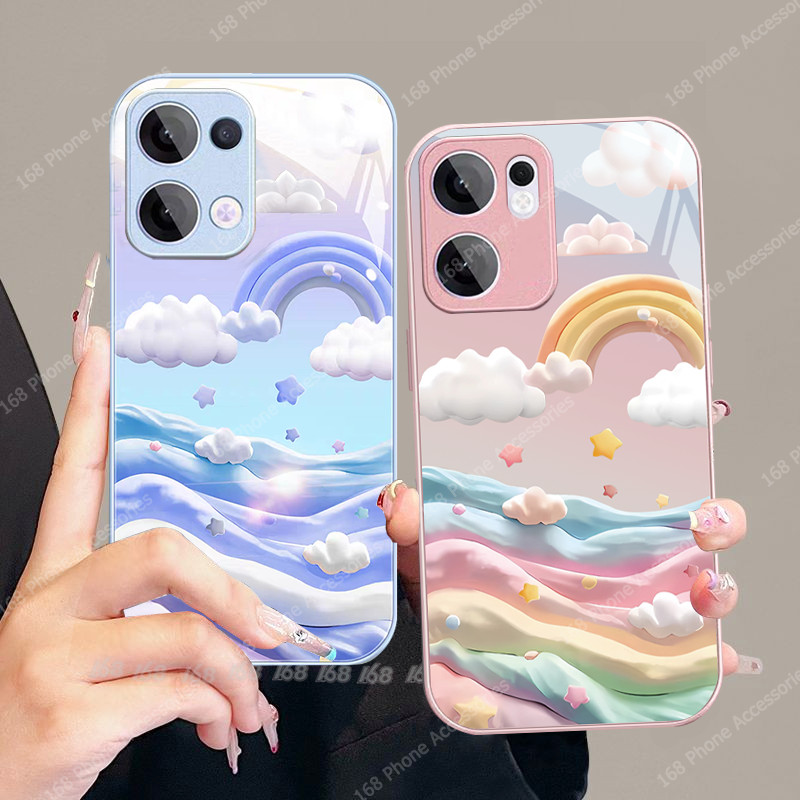 เคส OPPO Reno 13F 13 5G เคส OPPO Reno 13 Pro 5G น่ารักสายรุ้งน้ําตาลลูกอมกันกระแทกหรูหราของเหลวแก้วซิลิโคนนุ่มขอบโทรศัพท์สําหรับเด็กผู้หญิงนักเรียนผู้หญิง