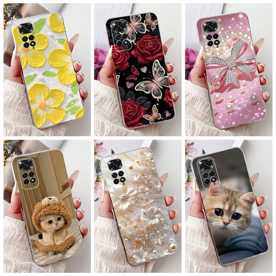 สําหรับ Xiaomi Redmi หมายเหตุ 11 11S Note11 Pro 4G 5G Elegant Floral Cat เคสโทรศัพท์ซิลิโคนอ่อนนุ่ม TPU กรณี